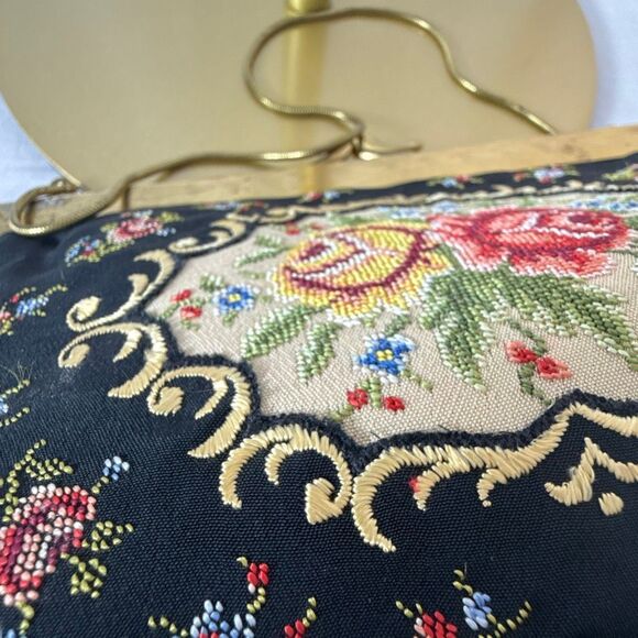 Vintage Golden Sachet West Germany Needlepoint Purse | 1950s–60s Floral Tapestry - Picture 9 of 16